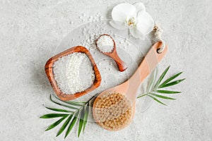 Spa skincare concept. Natural Organic spa cosmetics products, sea salt, massage brush and tropic palm leaves on gray