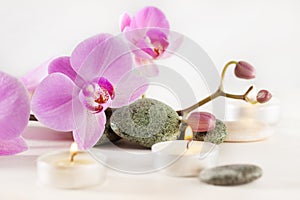 Spa still life with aromatic candles flower and stones