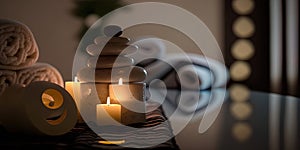 Spa still-life arrangement featuring stones, scented candles and a blurred backdrop, portraying water, well-being, and spa