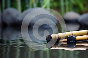 Spa still life with bamboo and zen stones with water surface. Generative AI