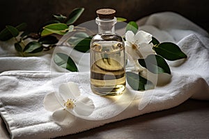 Spa still-life concept. White towel and a small bottle of essential oil