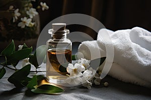 Spa still-life concept. White towel and a small bottle of essential oil