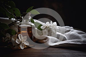 Spa still-life concept. White towel and a small bottle of essential oil