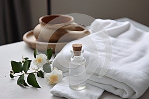 Spa still-life concept. White towel and a small bottle of essential oil