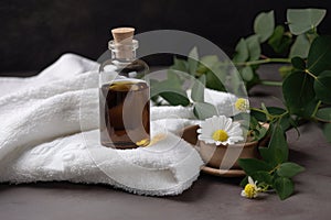 Spa still-life concept. White towel and a small bottle of essential oil