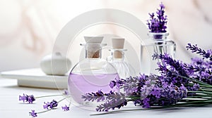 Spa still life with lavender flowers and essential oil on light background