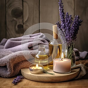 Spa still life with lavender oil.Lavande, produits cosmÃ©tiques naturels