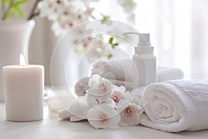 Spa still life with lotion, cosmetics in a dispenser bottle, towels, aromatic candle and tropic flowers on white background, Spa