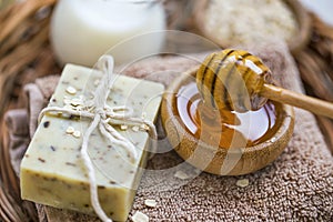 Spa still life with natural honey and oats soap