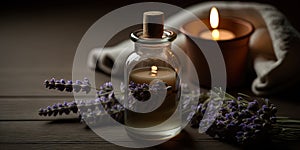 Spa still life with oil bottle, lavender branches, scented candle, and towel with blurred background, water, wellness and spa