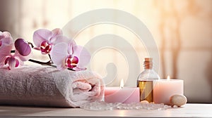 Spa still life with orchid flower, candles, oil and towel on table