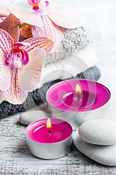 Spa still life with pebbles and purple orange orchid