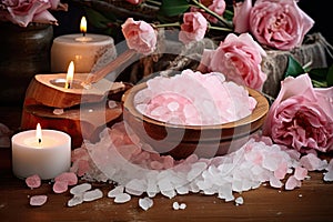 Spa still life with pink salt, candles and roses on wooden background, Concept of spa treatment with pink salt, AI Generated