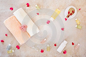 Spa still life with roses beauty products
