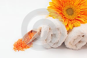 SPA still life with sea salt, towels and flower