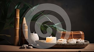 Spa still life with stacked of stone,burning candle and bamboo leaf, generative ai