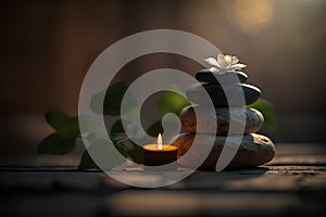 Spa still life with zen stones and candle on wooden background