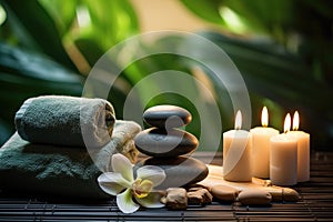 Spa still life with zen stones, candles and orchid flower, Spa concept with eucalyptus oil and eucalyptus leaf extract natural