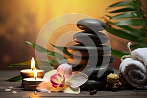 Spa still life with zen stones, orchid flower and candle on wooden background, Spa concept with eucalyptus oil and eucalyptus leaf