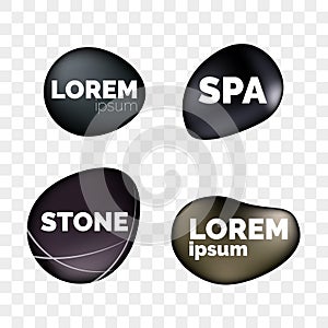 SPA stones 3D realistic icons on transparent background for logo design. Zen relaxation and massage black stone pebbles