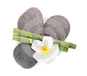 Spa stones, beautiful flower and bamboo stems on white background, top view