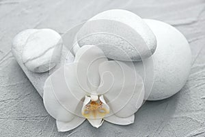 Spa stones and beautiful orchid flower on grey textured background