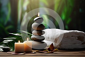 Spa stones with candles and towel on wooden table against blurred background, Spa concept with eucalyptus oil and eucalyptus leaf