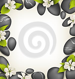 Spa stones with cherry white flowers like frame on beige