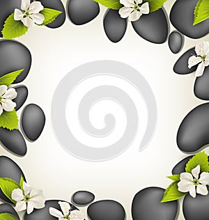 Spa stones with cherry white flowers like frame on beige