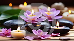 Spa stones with flowers and candles on bamboo mat, closeup