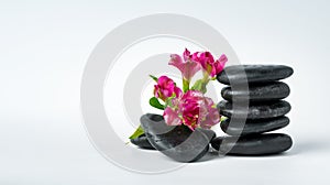 Spa stones and flowers on the white background close up