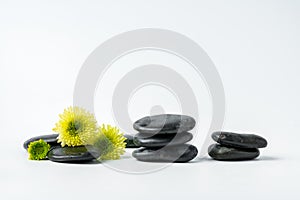 Spa stones and flowers on the white background close up