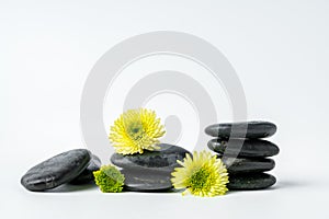 Spa stones and flowers on the white background close up