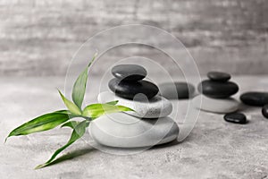 Spa stones and green leaves on grey textured background