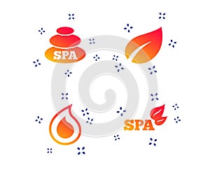 Spa stones icons. Water drop with leaf symbols. Vector