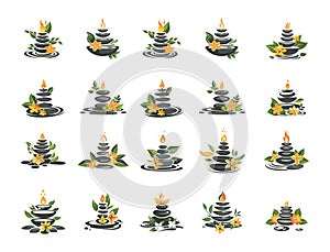 Spa stones logos vector set. Balance pyramid meditation tranquility relaxation candles flowers icons isolated on white