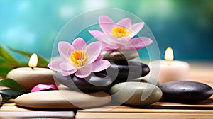 Spa stones with lotus flower and candles on wooden table on natural background