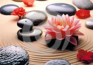 Spa stones and lotus flower on zen stones background