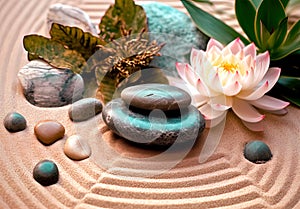 Spa stones and lotus flower on zen stones background