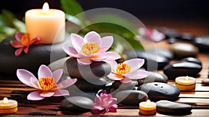 Spa stones with lotus flowers and burning candles on wooden background