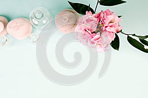 Spa stones, oil bottles and pink flower on white background