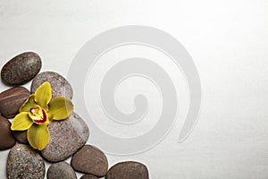 Spa stones with orchid flower on light background. Space for text