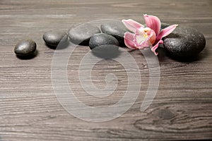 Spa stones with orchid flower on wooden background