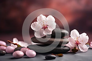 spa stones surrounded by cherry blossom petals