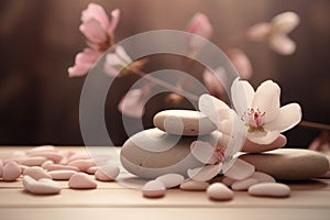 spa stones surrounded by cherry blossom petals