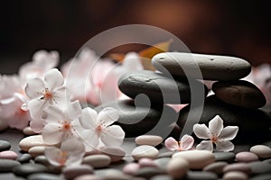 spa stones surrounded by cherry blossom petals