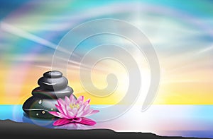 Spa stones and waterlily at sunset zen concept