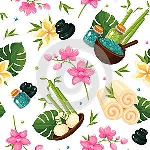 Spa supplies seamless pattern. Massage stones, towels, sea salt bottles, flowers wrapping paper.