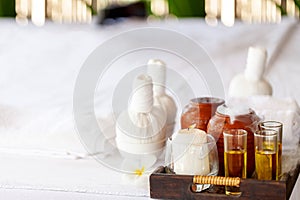 Spa theme with candles  on wooden background.  Massage therapy for one person with candle light. Beauty spa treatment and relax
