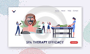 Spa Therapy Efficacy Landing Page Template. Tiny Female Characters around of Huge Woman Head with Mineral Mud Mask